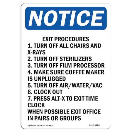 OSHA Notice Sign, Exit Procedures 1. Turn Off All, 7in X 5in Decal